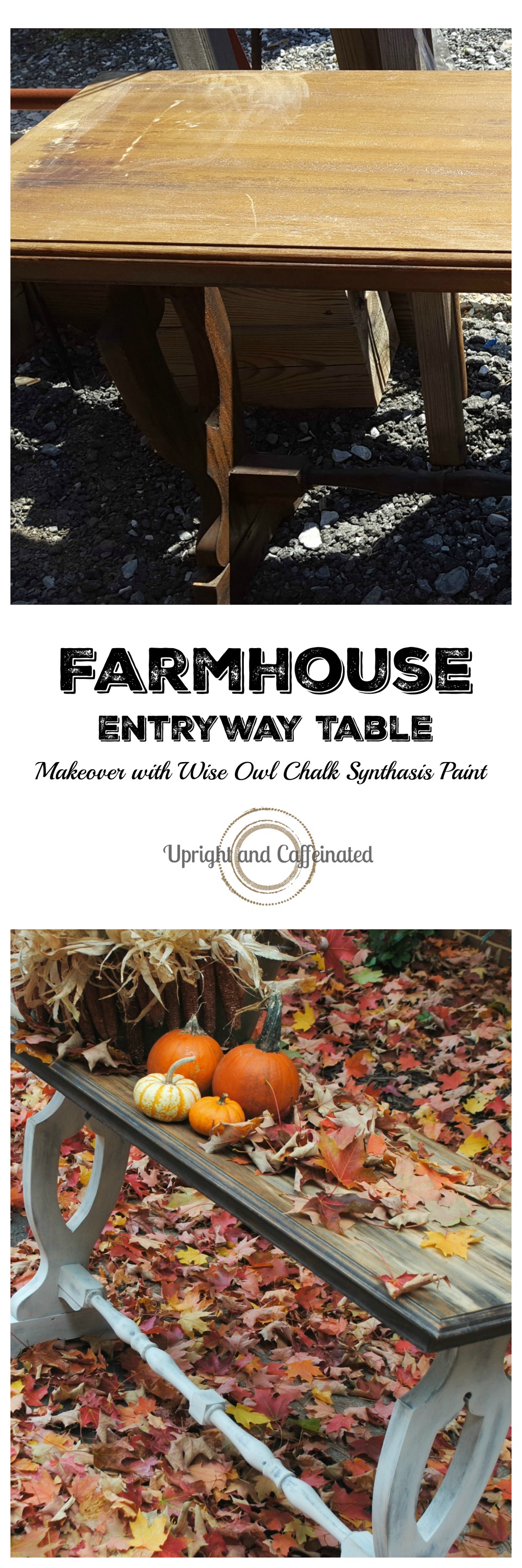 Check out this transformed table! Farmhouse Entryway Table makeover using Wise Owl Chalk Synthesis Paint.