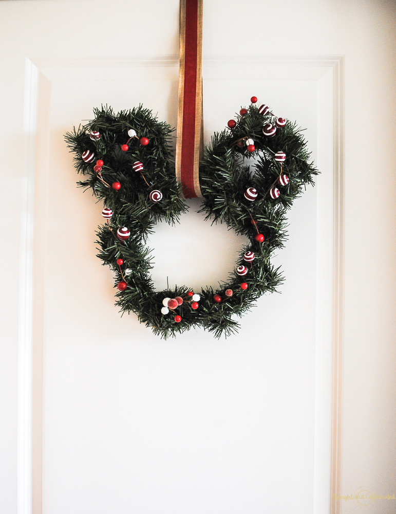 I made this wreath out of garland to go with my Disney Christmas tree decorations. 