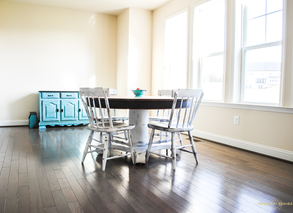 This round dining table was completely transformed to become a farmhouse style kitchen table. 